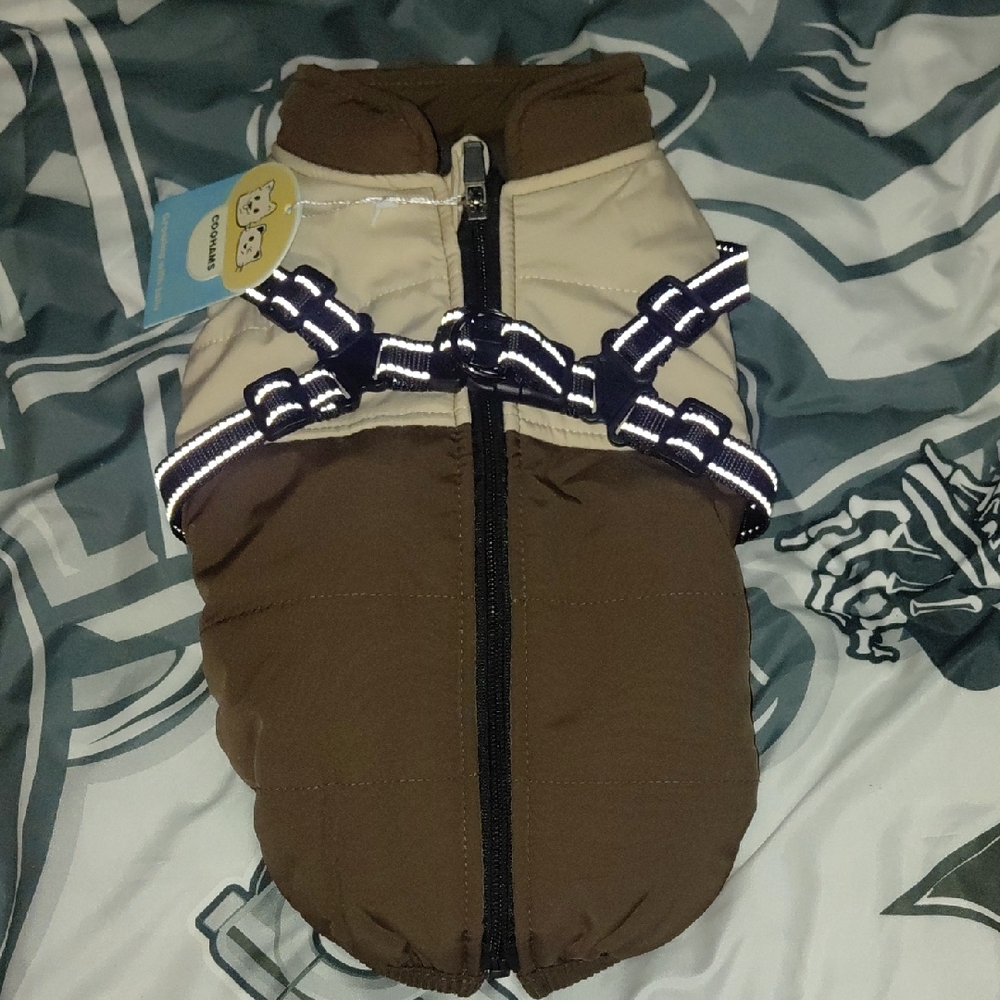 Brown and Cream Dog Jacket with Harness